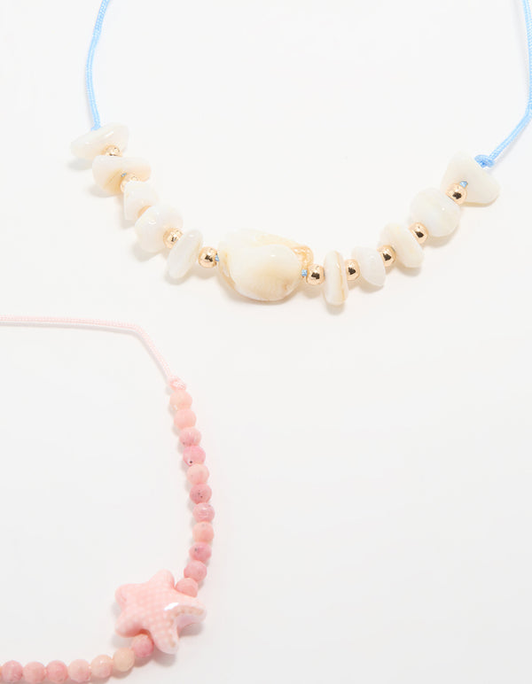 Gold Beaded Rope Shell & Fish Anklets 3-Pack