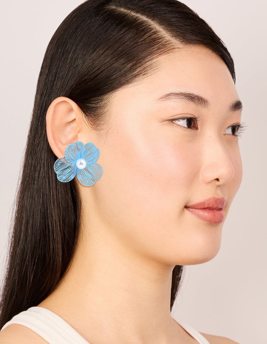 Gold Blue Laser Cut Flower Pearl Stud Earrings