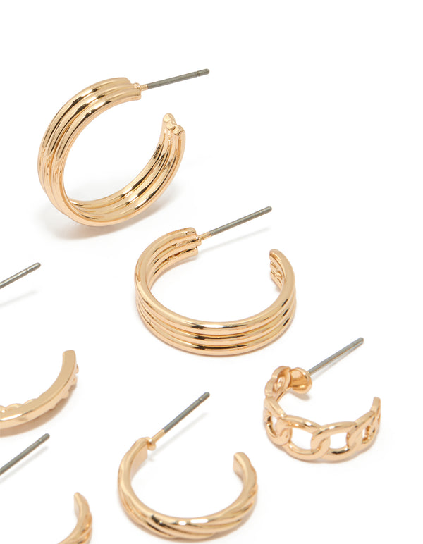 Gold Textured & Smooth Hoop Earrings 6-Pack