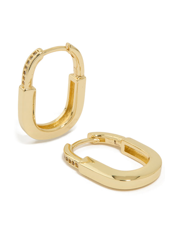 Gold Plated Brass Cubic Zirconia Oval Huggie Earrings