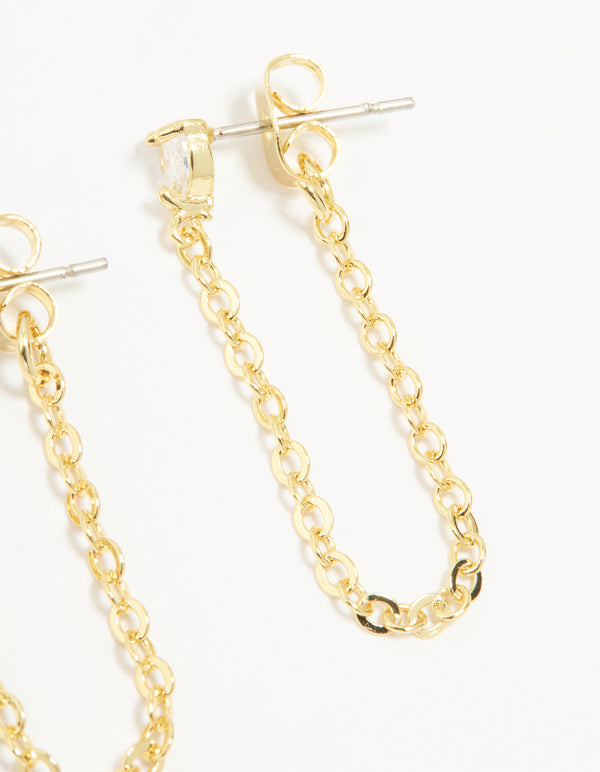 Gold Plated Brass Cubic Zirconia Heart Stud Drop Stud & Chain Earrings 3-Pack