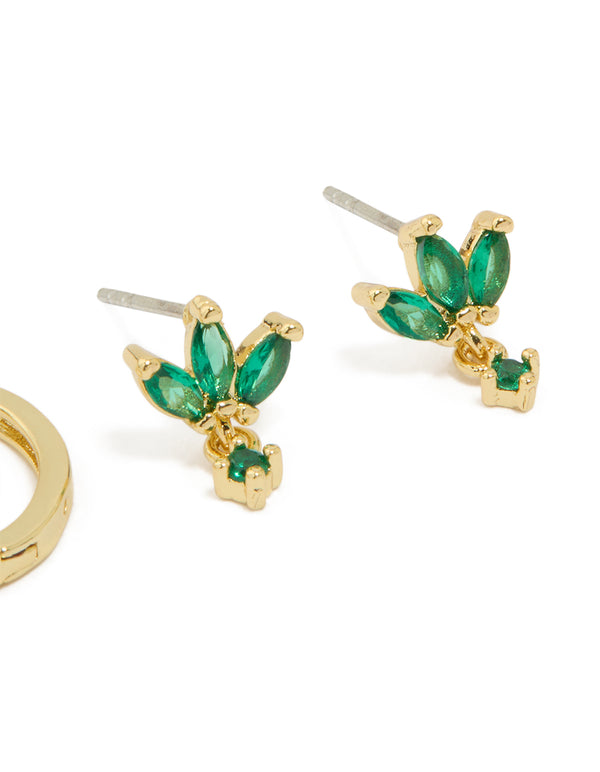 Gold Plated Brass Emerald Flower Stud & Huggie Earrings 3-Pack
