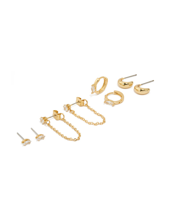 Gold Plated Brass Cubic Zirconia Oval Chain & Huggie Earrings 4-Pack