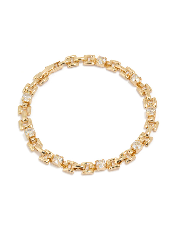 Gold Plated Brass Cubic Zirconia Square Alternating Tennis Bracelet