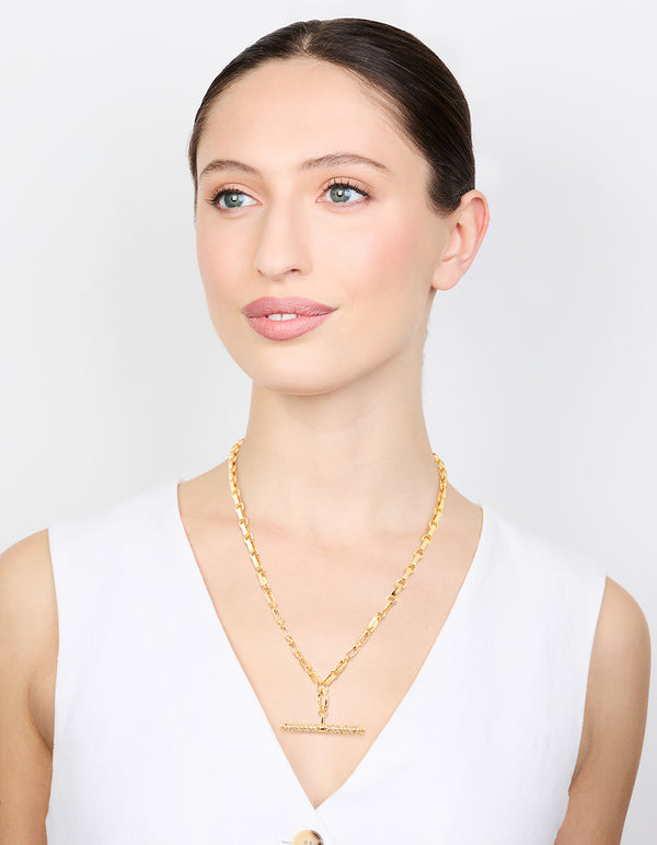 Gold Plated Diamante T-Bar Chain Necklace