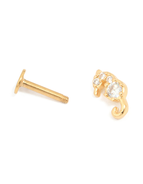 Gold Plated Surgical Steel Cubic Zirconia Seahorse Flat Back Stud
