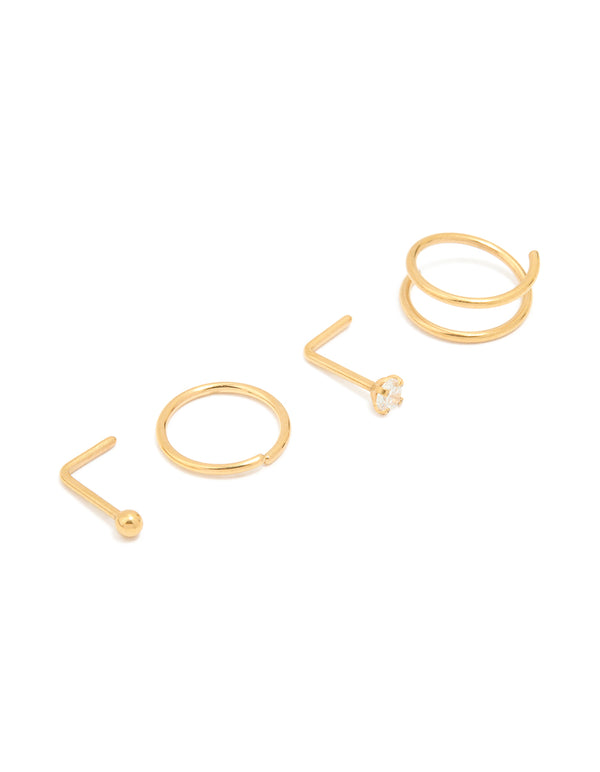 Gold Plated Titanium Simple Mixed Nose Studs & Nose Rings 4-Pack