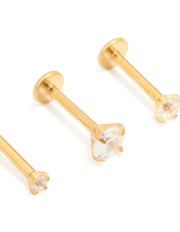 Gold Plated Titanium Cubic Zirconia & Plain Flat Back Studs 3-Pack