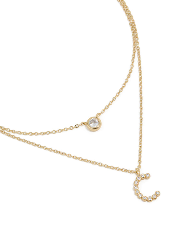 Gold Plated Cubic Zirconia Bezel Letter C Layered Necklace