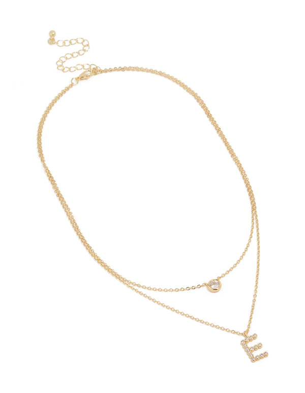 Gold Plated Cubic Zirconia Bezel Letter E Layered Necklace