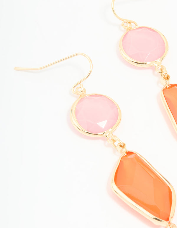 Gold Pink & Orange Triple Tiered Drop Earrings