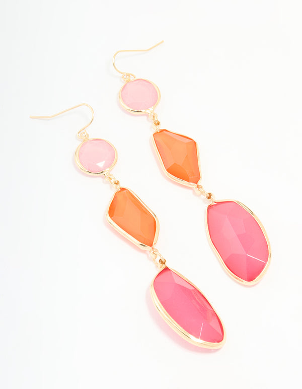 Gold Pink & Orange Triple Tiered Drop Earrings