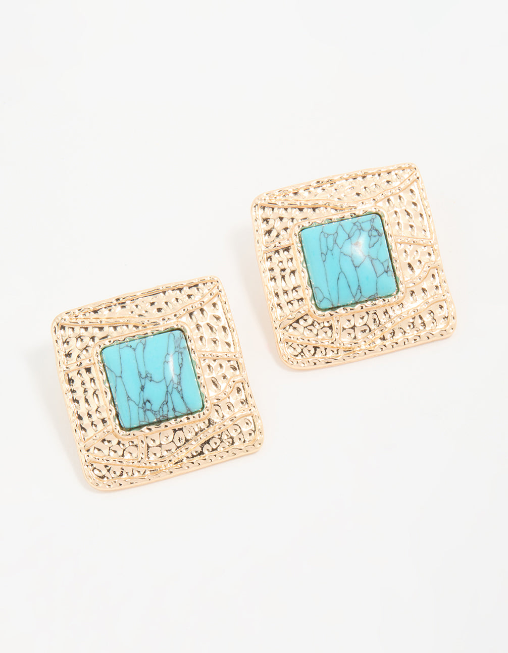 Gold Turquoise Textured Square Stud Earrings