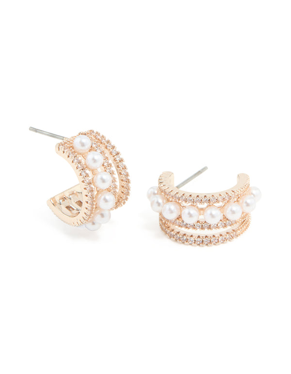 Rose Gold Plated Cubic Zirconia Pearl Hoop Earrings