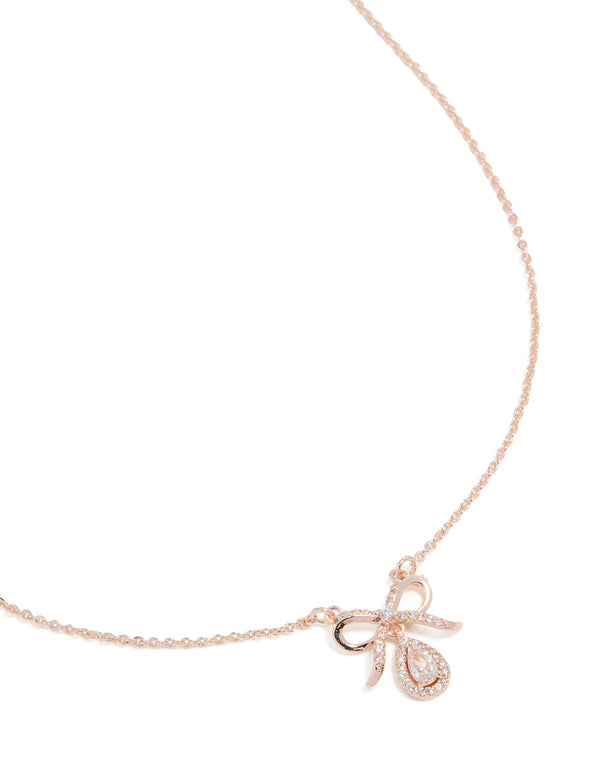 Rose Gold Plated Cubic Zirconia Bow Pendant Necklace