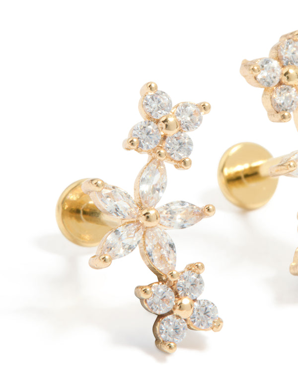 Gold Plated Surgical Steel Cubic Zirconia Flower Claw Flat Back Studs 2-Pack