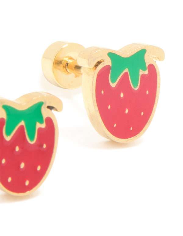 Kids Gold Plated Surgical Steel Enamel Strawberry Flat Back Studs