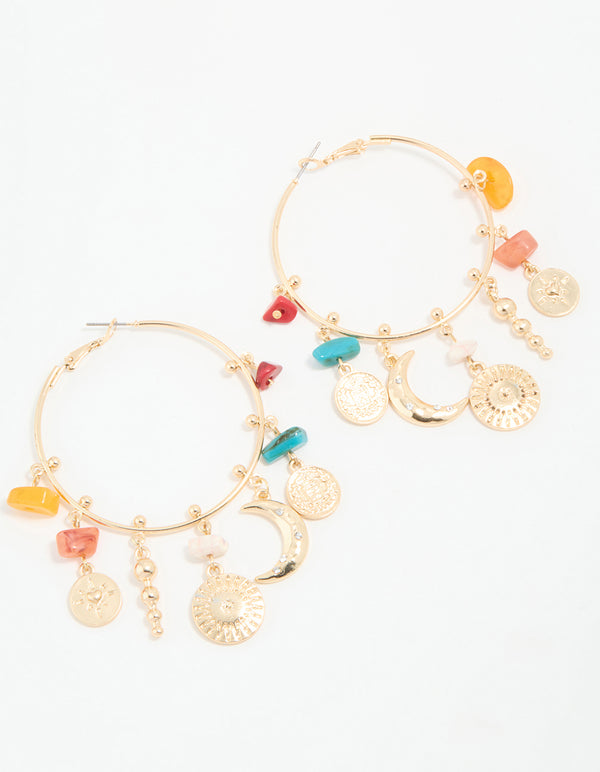 Antique Gold Multicoloured Stone & Celestial Charm Hoop Earrings