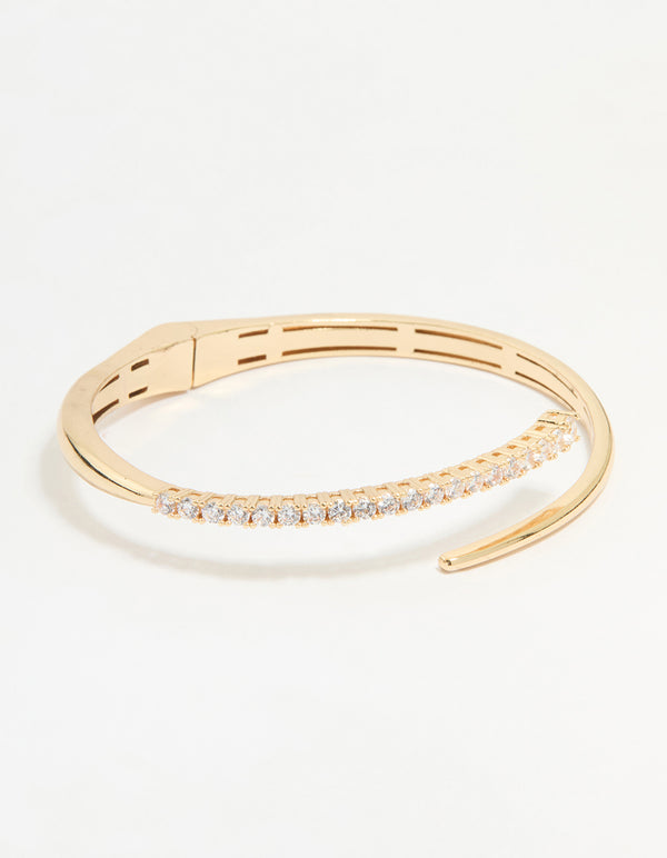 Beautifully crafted gold diamante hinge bangle featuring round cut stones front view