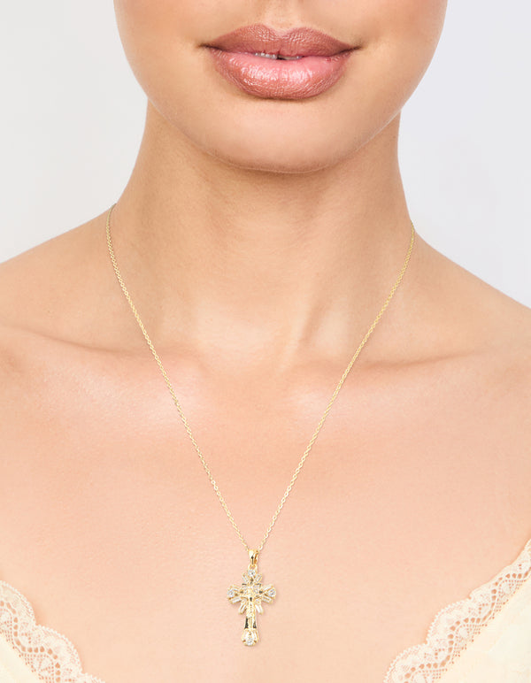 Gold Plated Cubic Zirconia Baguette Cross Pendant Necklace