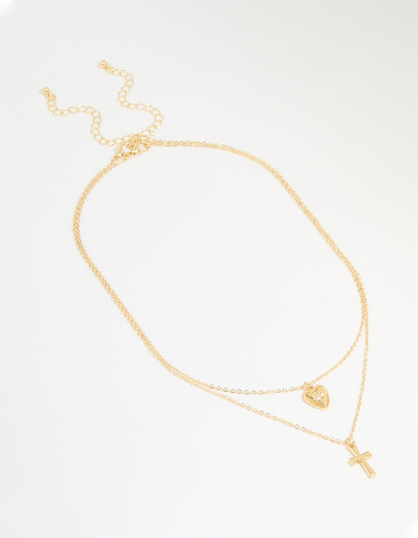 Gold Plated Diamante Heart & Cross Layered Necklace