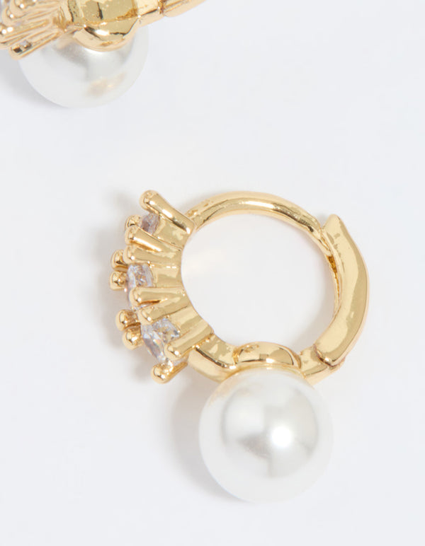 Gold Plated Cubic Zirconia Pearl Drop Huggie Earrings