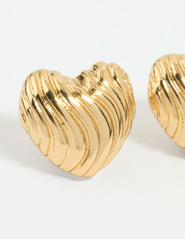 Gold Plated Ribbed Heart Stud Earrings