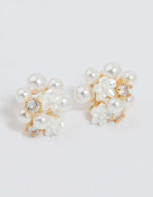 Gold Plated Cubic Zirconia Pearl Cluster Stud Earrings