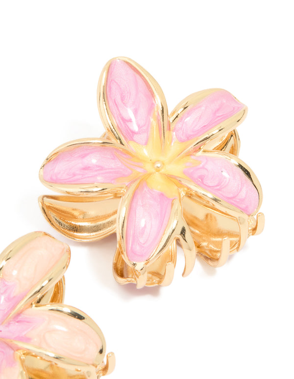 Gold Pink Enamel Frangipani Flower Claw Clips 2-Pack