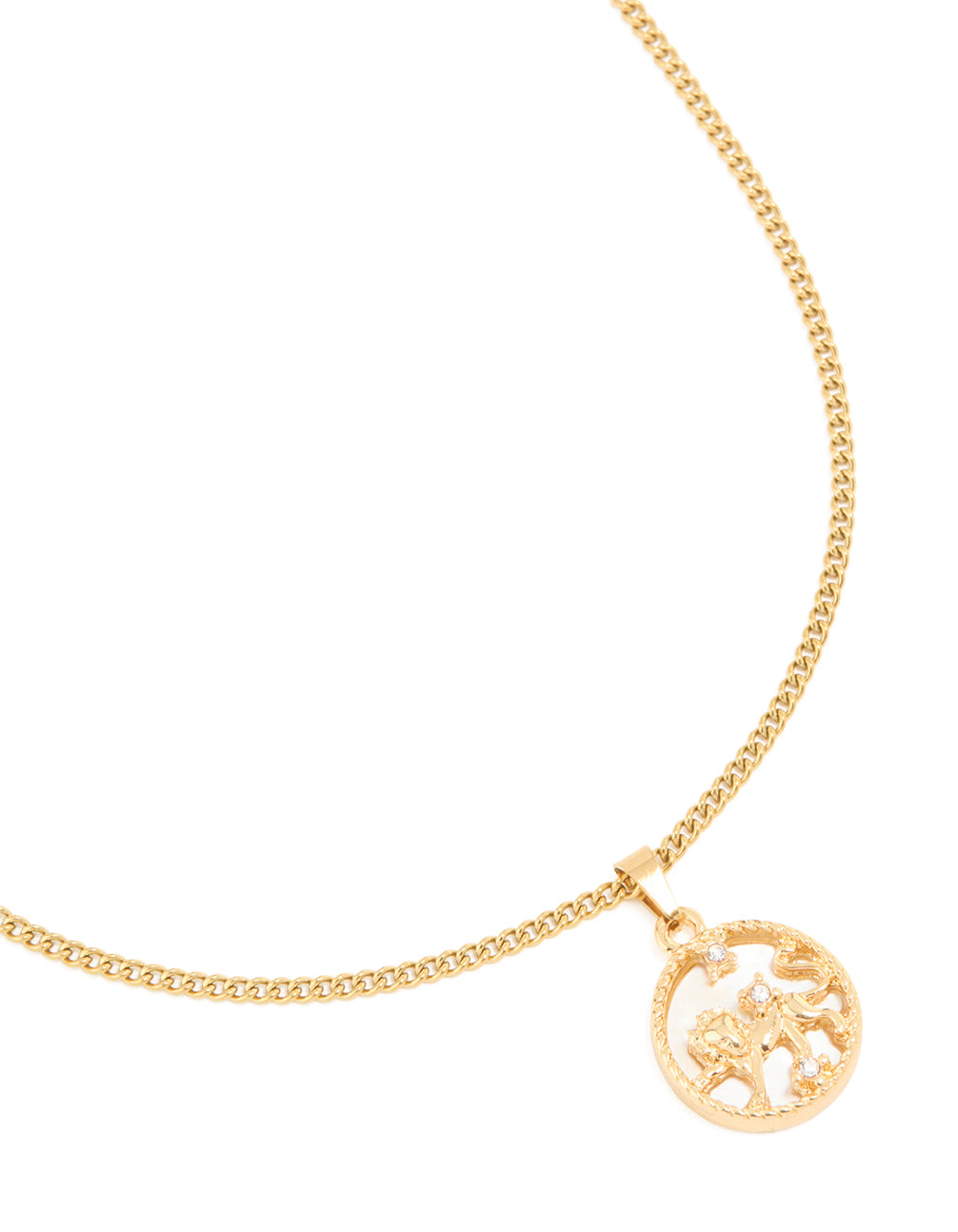 Showcasing a waterproof gold plated stainless steel dainty necklace with a circle Leo zodiac star sign pendant close up view