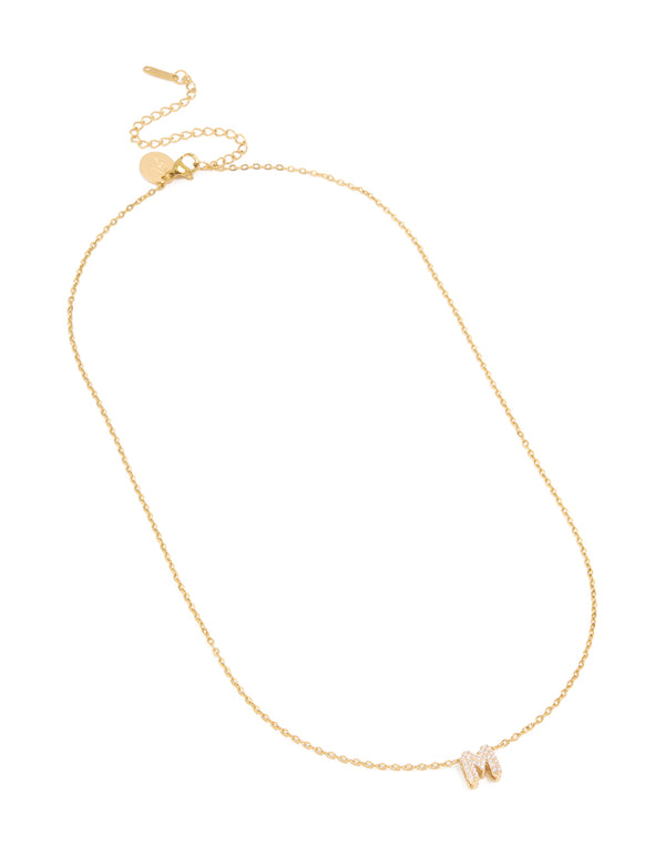 Waterproof Gold Plated Stainless Steel Cubic Zirconia Mini Pavé Letter M Necklace
