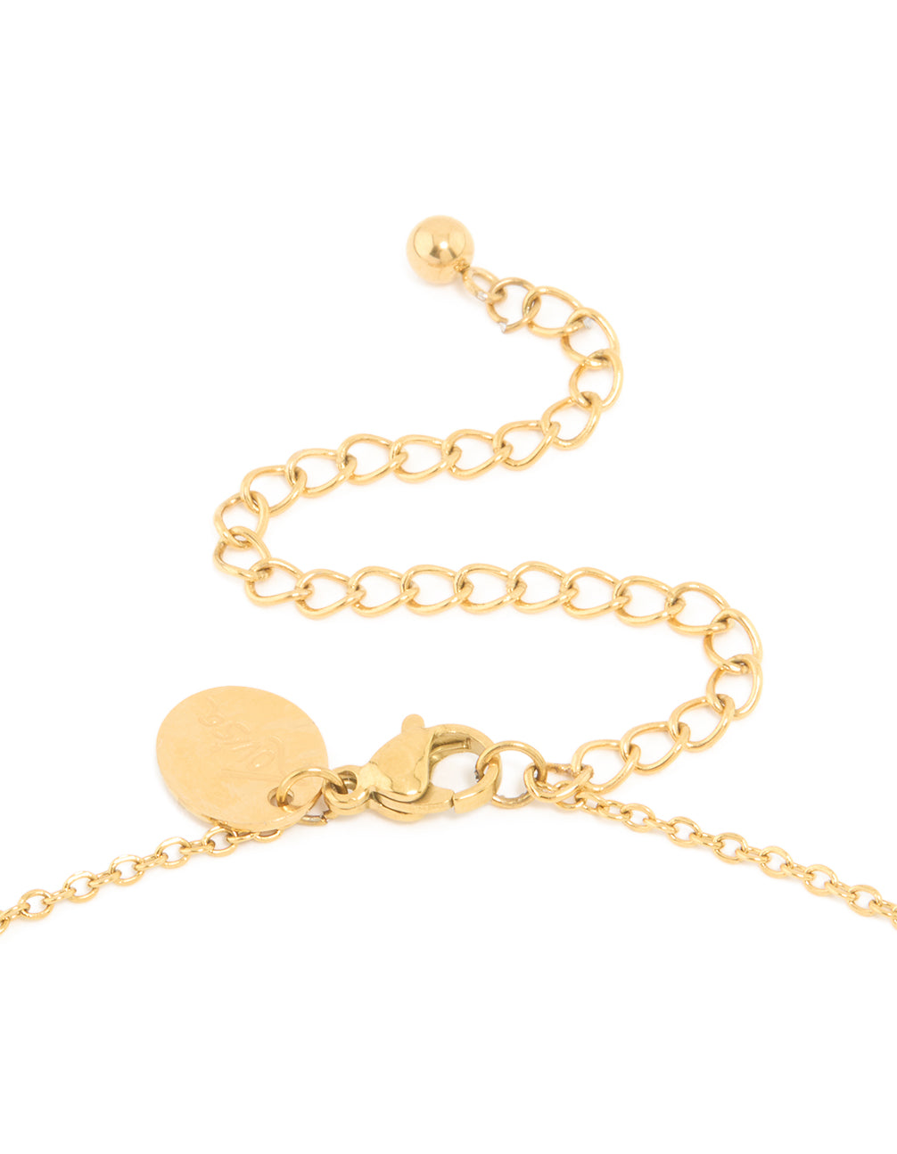 Designed with waterproof gold plated stainless steel large bubble letter B initial pendant necklace clasp detail view