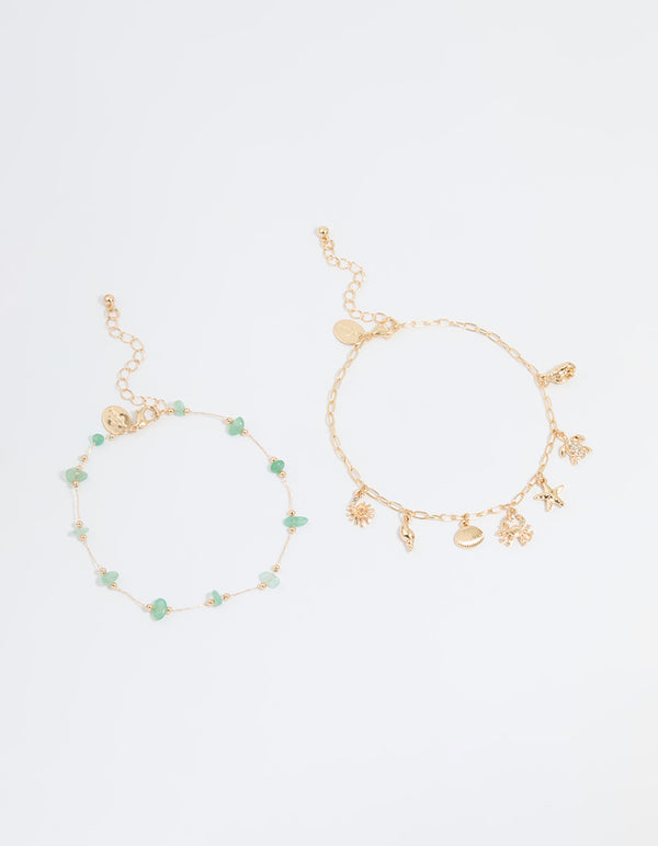 Gold Green Semi Precious Stones & Sea Charm Anklets 2-Pack