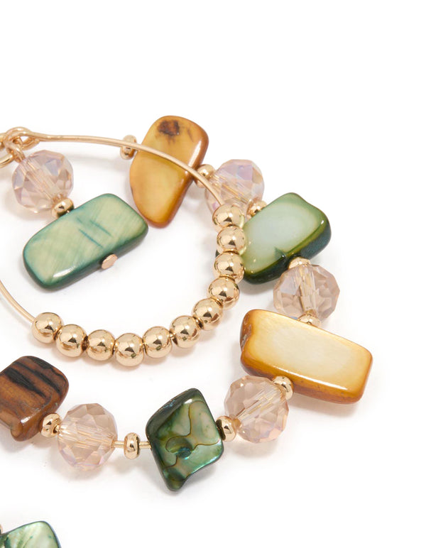 Gold Genuine Shell Brown & Green Beaded Earrings