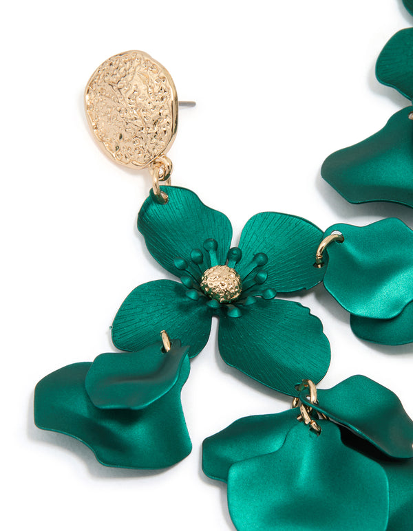 Gold Green Flower Molten Stud Earrings