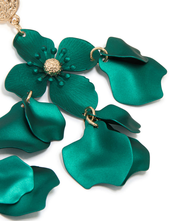 Gold Green Flower Molten Stud Earrings