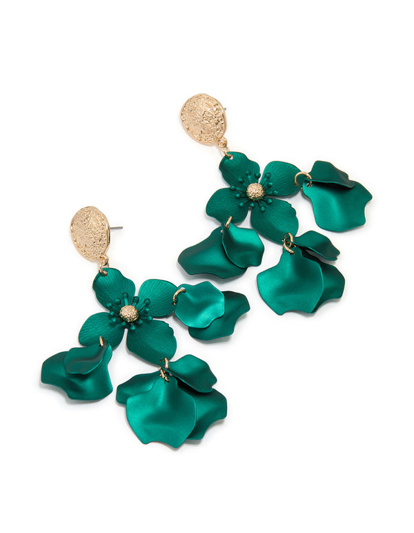 Gold Green Flower Molten Stud Earrings