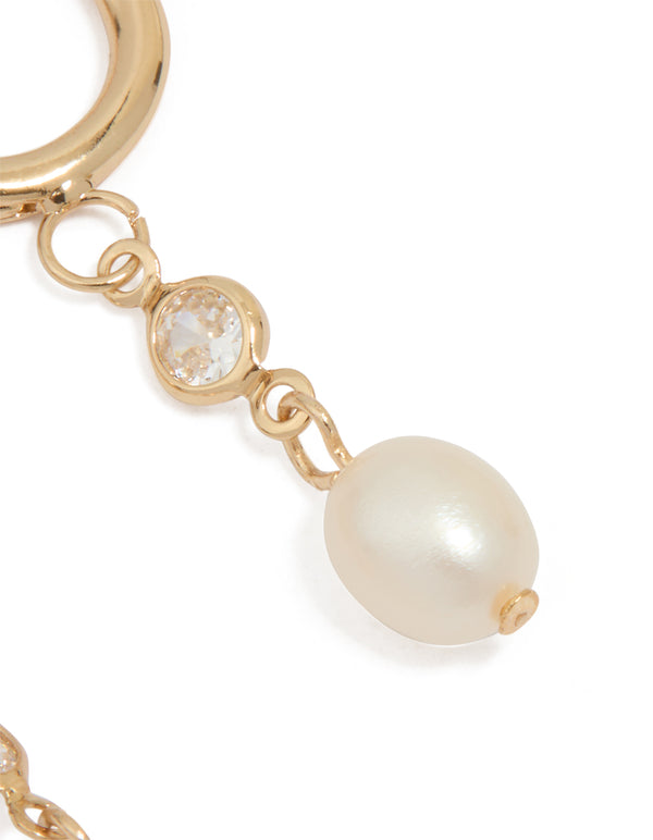 Waterproof Gold Plated Stainless Steel Cubic Zirconia Pearl Huggie Earrings