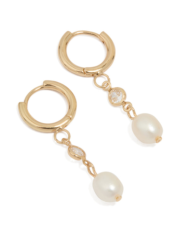 Waterproof Gold Plated Stainless Steel Cubic Zirconia Pearl Huggie Earrings