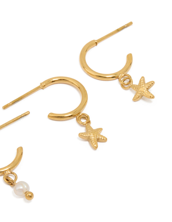 Waterproof Gold Plated Stainless Steel Pearl & Starfish Hoop Earrings 2-Pack