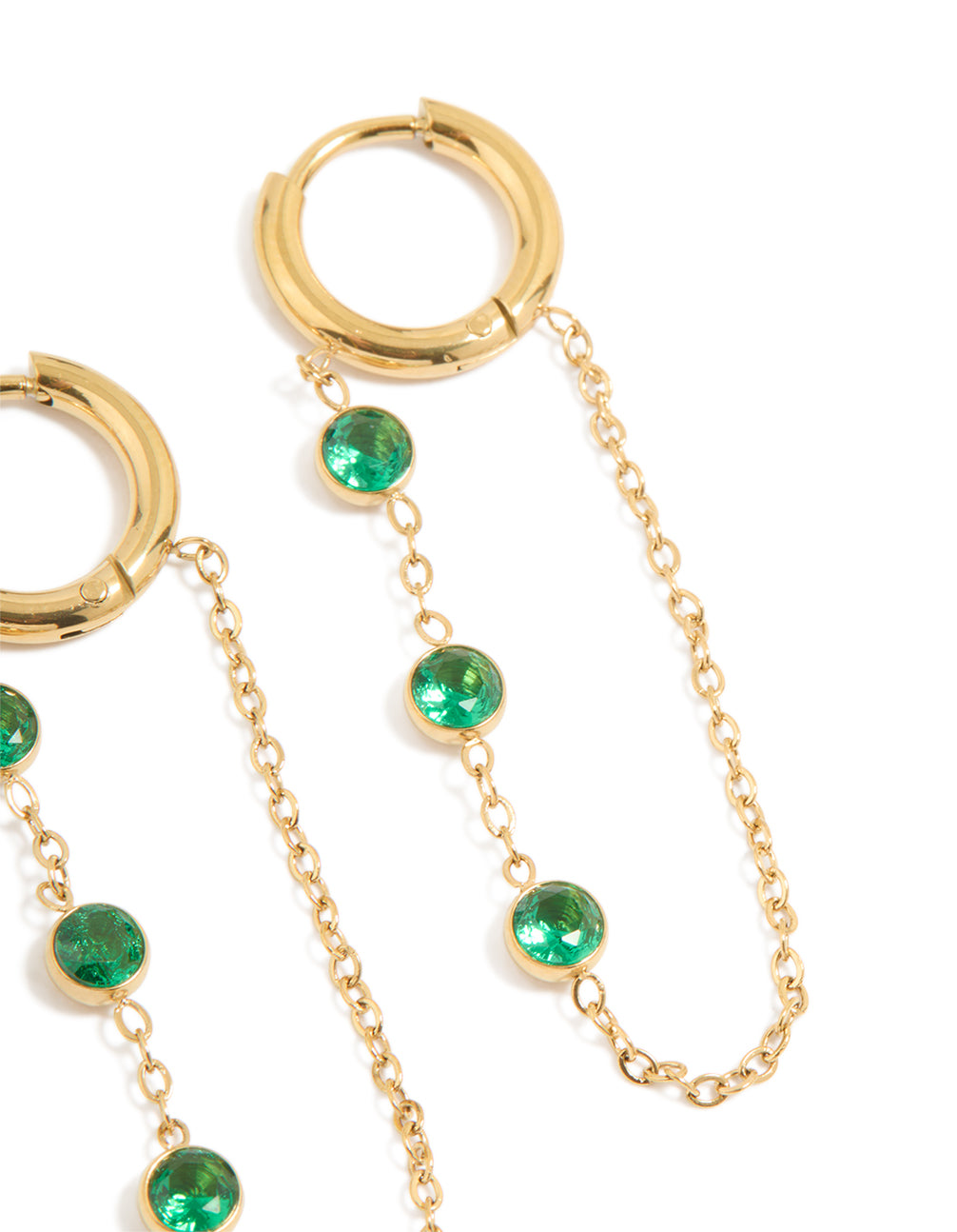 Designed with waterproof gold plated stainless steel green cubic zirconia huggie earrings in a 2-pack post detail view