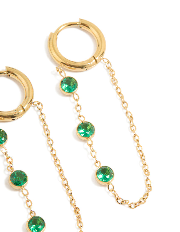Waterproof Gold Plated Stainless Steel Green Cubic Zirconia Huggie Earrings 2-Pack
