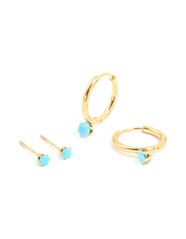 Introducing dainty waterproof gold plated stainless steel turquoise mini huggie earrings in a 2-pack front view