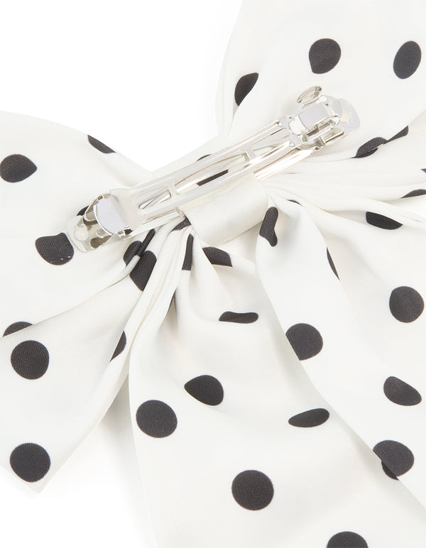 White Fabric Black Spotted Medium Bow Clip