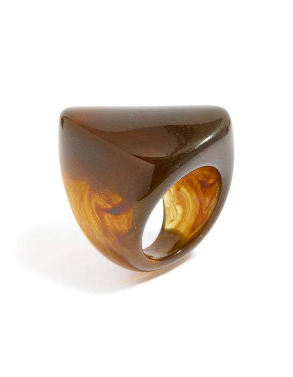 Designed with dark brown acrylic, this large obtuse ring featuring chunky statement construction side detail view