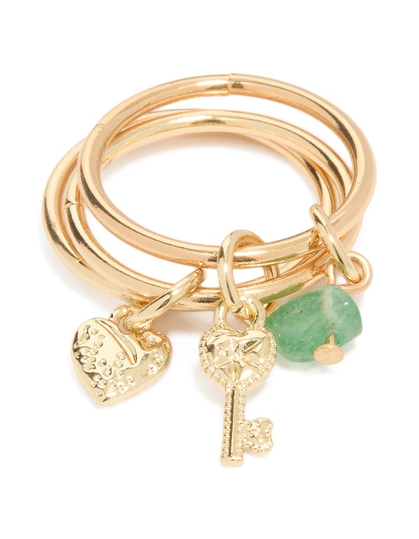 Gold Plated Green Semi Precious & Key Charm Rings 3-Pack