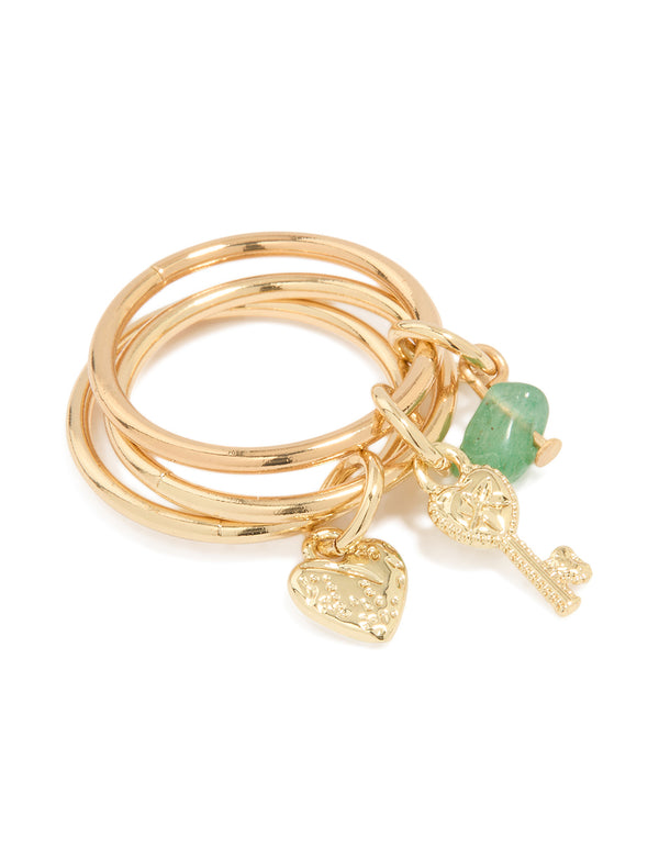 Gold Plated Green Semi Precious & Key Charm Rings 3-Pack
