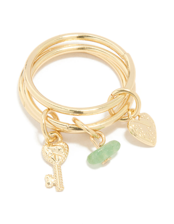 Gold Plated Green Semi Precious & Key Charm Rings 3-Pack