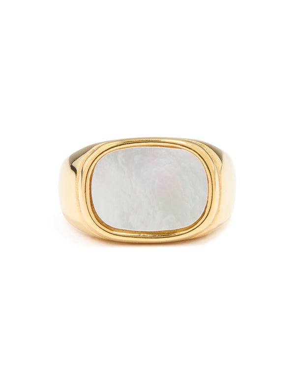 Crafted from waterproof gold plated stainless steel square semi precious moonstone signet ring with chunky style close up view