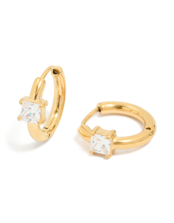 Gold Plated Princess Square Prism Hoop Earrings